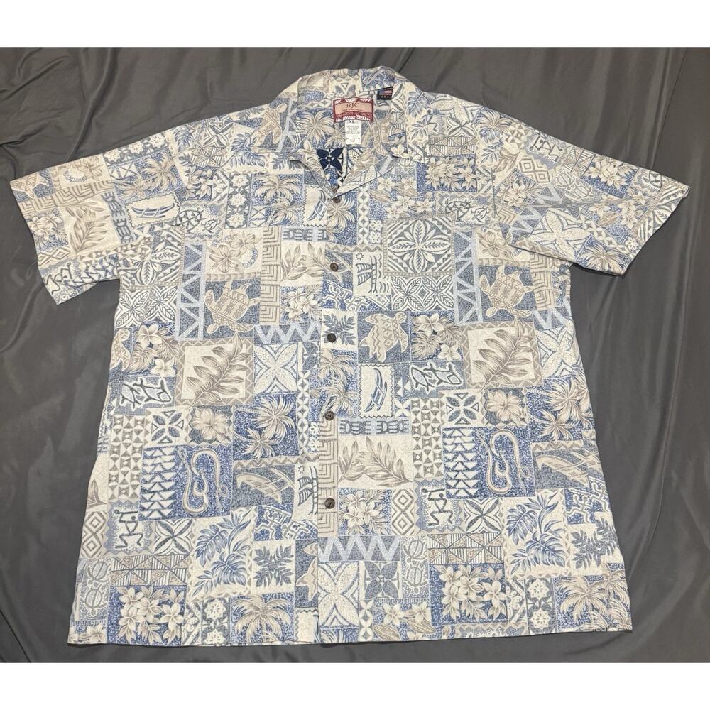 RJC Vintage Reverse Print Hawaiian Shirt Men’s XL Blue Aloha Patchwork